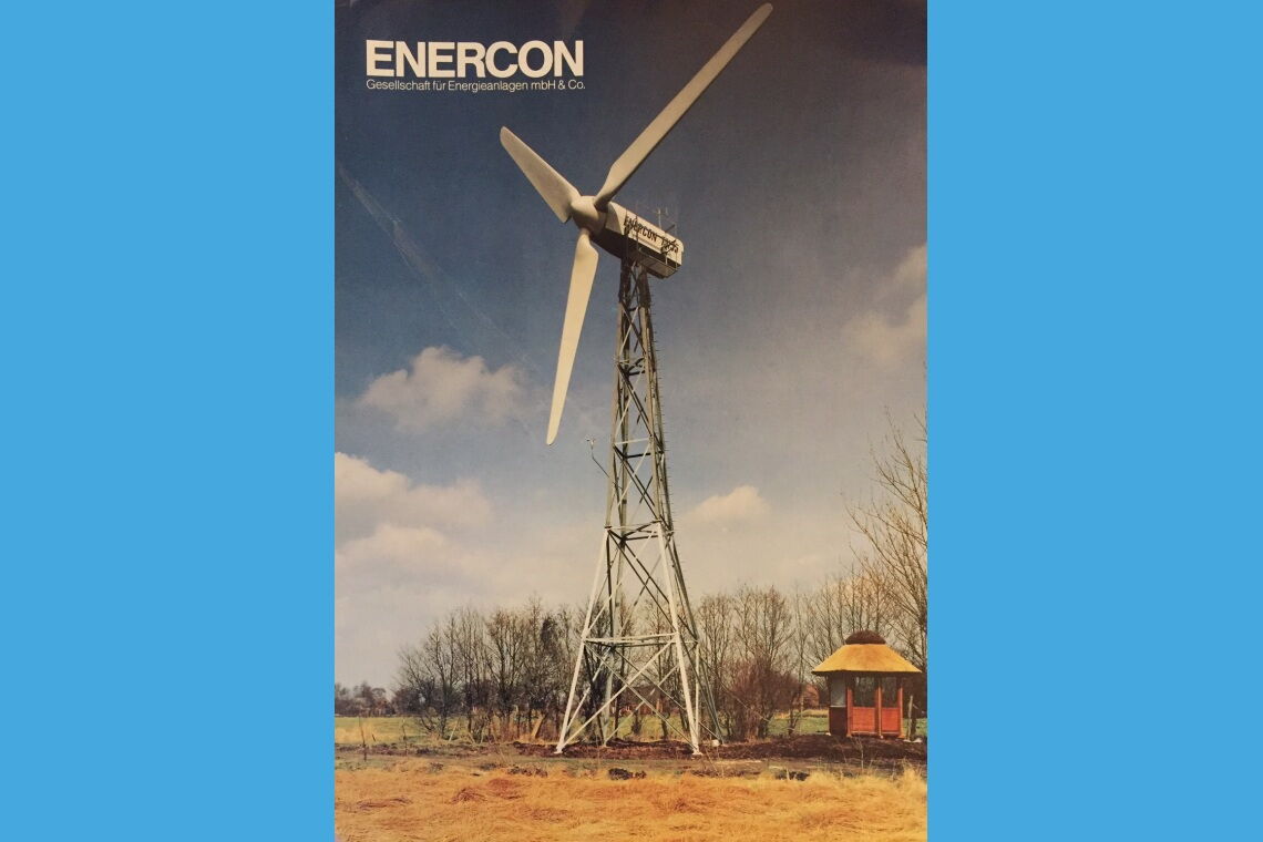 Prospekt eine frühen Windenergieanlage von Enercon.