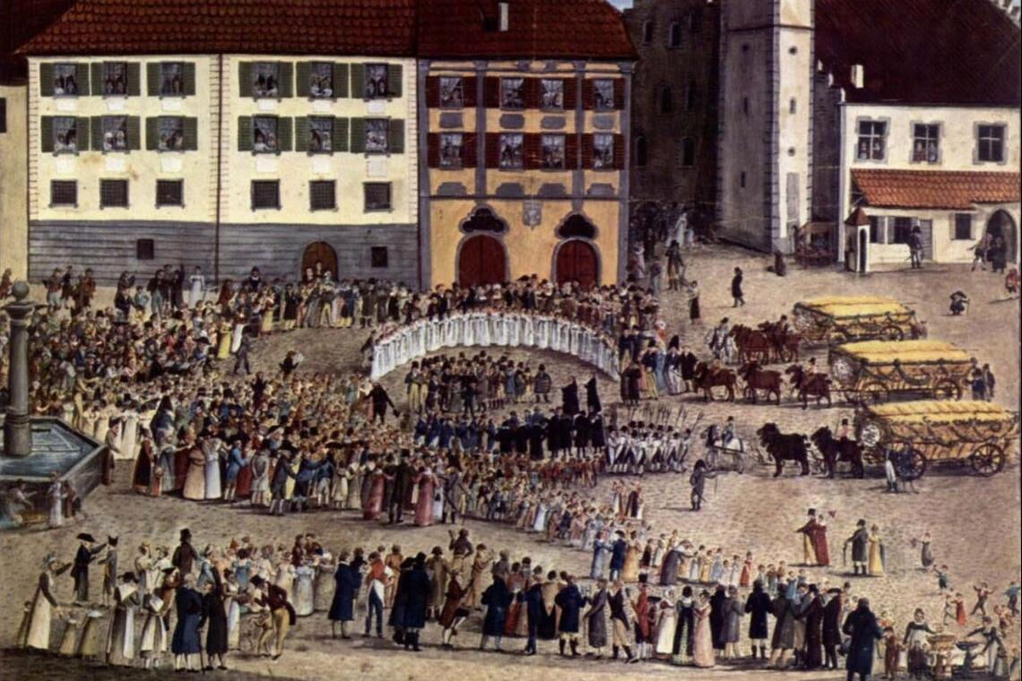 Das Jahr danach: Als die Bauern allmählich wieder bessere Ernten einfahren, atmen die Menschen auf. Die Klimakapriolen halten rund drei Jahre an. Das Gemälde zeigt den Einzug der Erntewagen 1817 in Ravensburg, das damals zum Königreich Württemberg gehört.