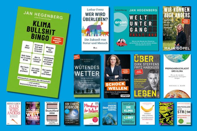 Kanon der Klimaliteratur: Kurzrezensionen von Büchern über die Klima- und Ökokrise und mögliche Lösungen, u.a. von Frank Schätzing, Claudia Kemfert und Maja Göpel.