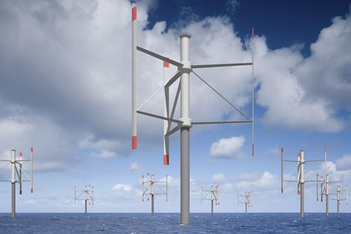 Vertax: Visualisierung eins Offshore-Windparks aus vertikal laufenden Windrädern.