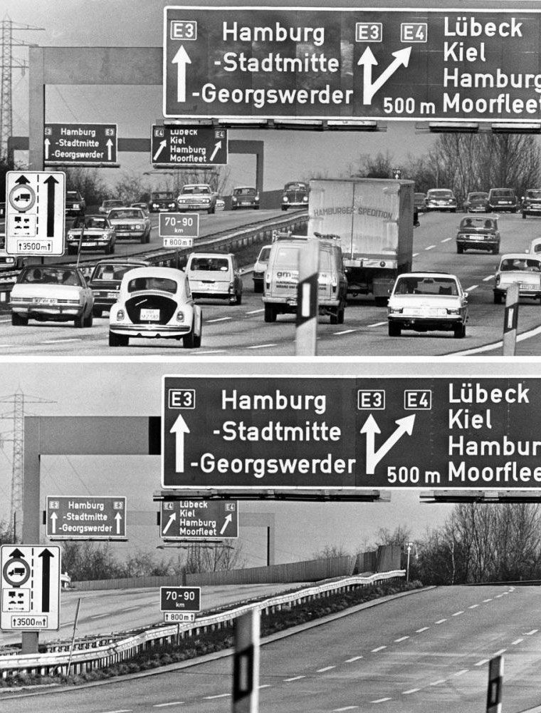 Autofreier Sonntag 1973: Die Autobahnen sind menschenleer – eine Reaktion auf die Ölkrise.