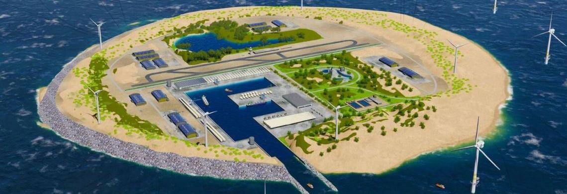 Künstliche Insel: Wie in dieser Visualisierung von Tennet könnte das Eiland aussehen, das der niederländische Stromnetzbetreiber auf der Doggerbank in der Nordsee plant. In der Region ist das Wasser stellenweise nur wenige Meter tief.