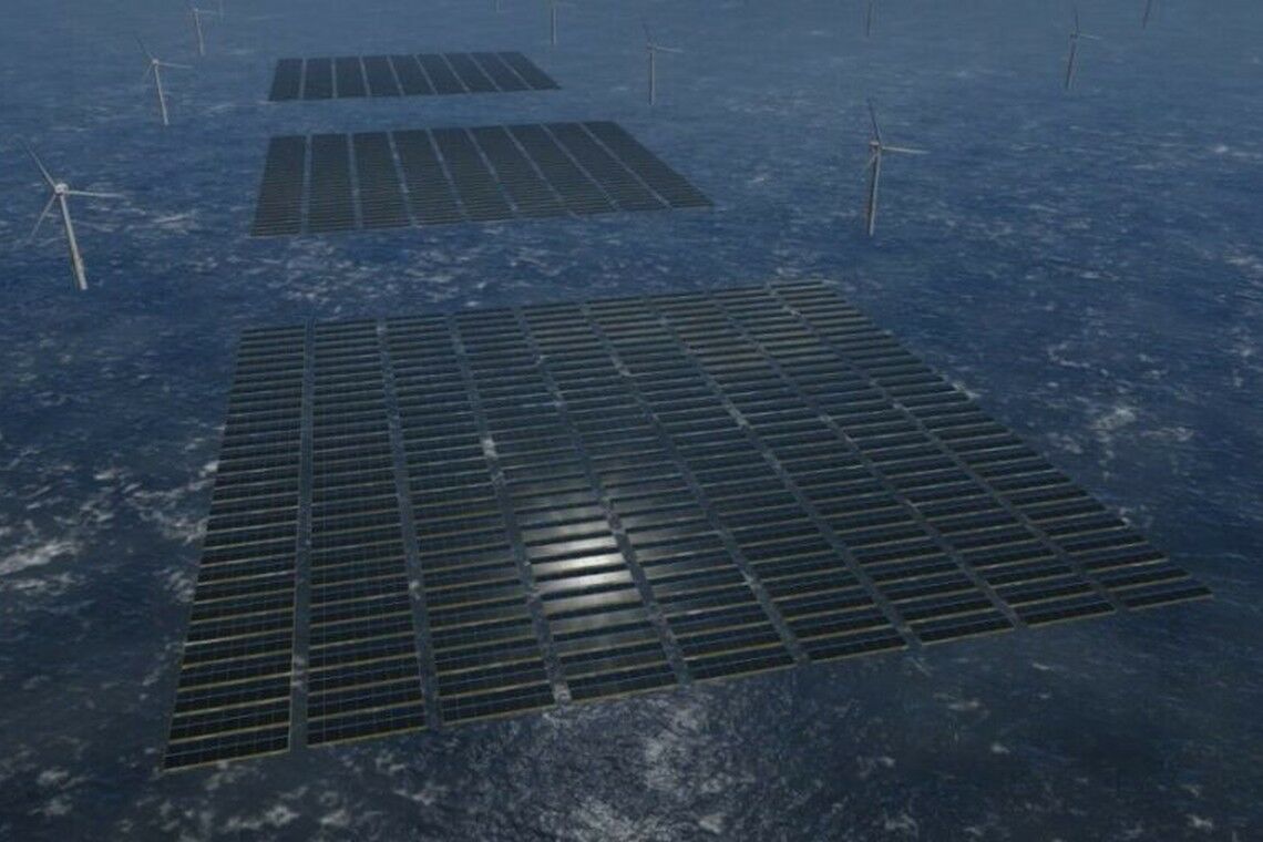 Schwimmender Solarpark (Visualisierung): Die Module zwischen Offshore-Windrädern könnten die Netzauslastung der Windparks verbessern und den Stromertrag erhöhen.