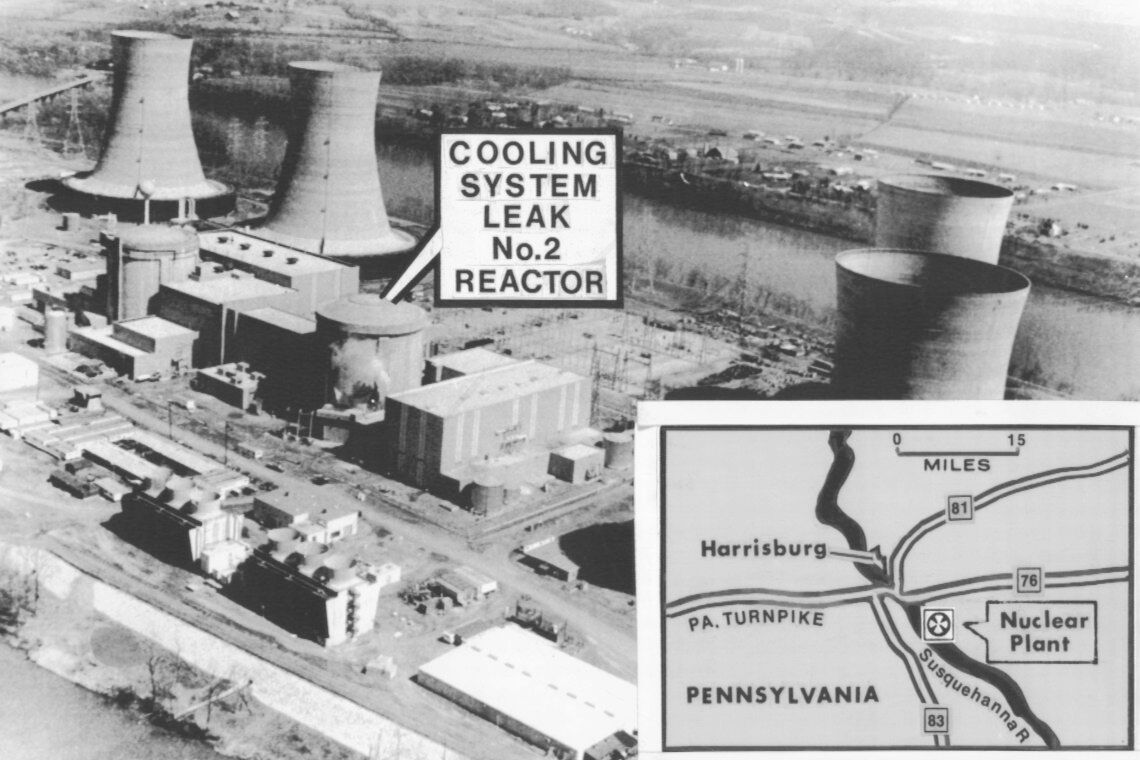 Three Mile Island: Das historische Pressebild zeigt, wo radioaktives Gas ausgetreten ist. Dass es zu einer teilweisen Kernschmelze gekommen ist, wird erst viel später bekannt.
