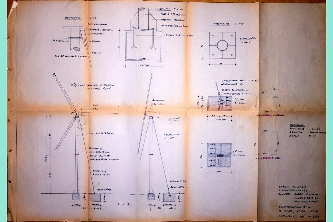 Die technische Zeichnung des Windrads von Borghorst: Josef Homann hat in feinen Linien festgehalten, wie die Anlage funktioniert.
