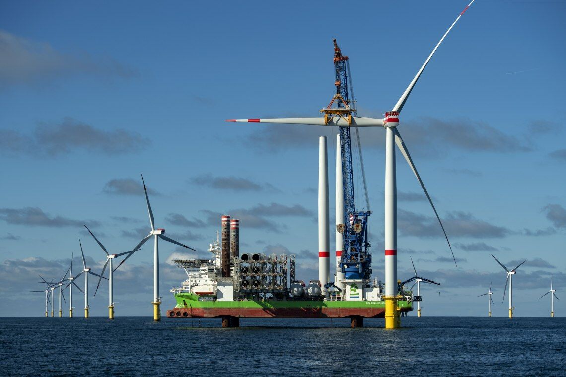 Offshore-Windparks Kaskasi in der deutschen Nordsee: Zusammen kommen die Windräder auf eine Leistung von 342 Megawatt.