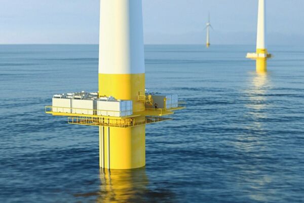 Offshore-Windrad mit Elektrolyseur: Im Projekt Auqaventus soll grüner Wasserstoff direkt auf See erzeugt und per Pipeline an Land gebracht werden.