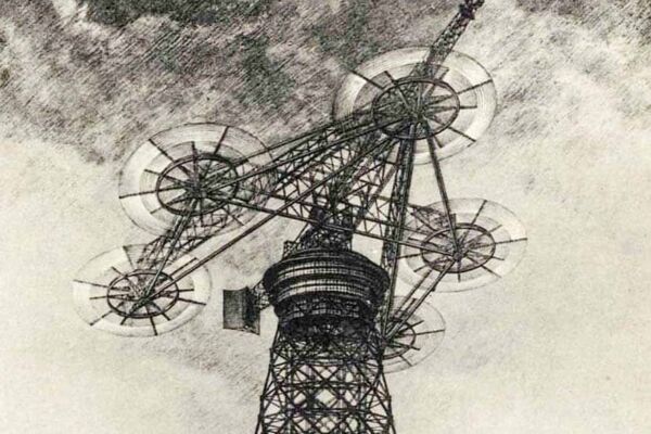 Hermann Honnef entwirft in den 1930er-Jahren 500 Meter hohe Windräder. Auf diesem Bild stehen die Rotoren horizontal – im Ruhemodus.