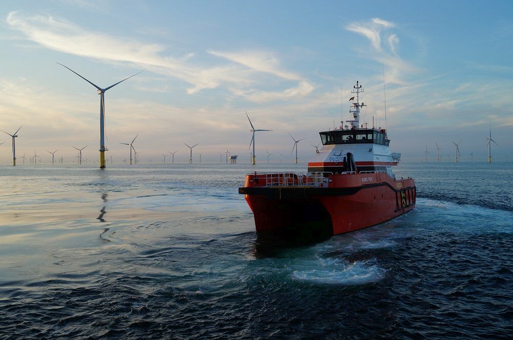 Offshore-Windpark Borkum-Riffgrund 1: Ein Katamaran bringt die Techniker zu den Windrädern, zu einem Arbeitsschiff und zum Hafen Norddeich.