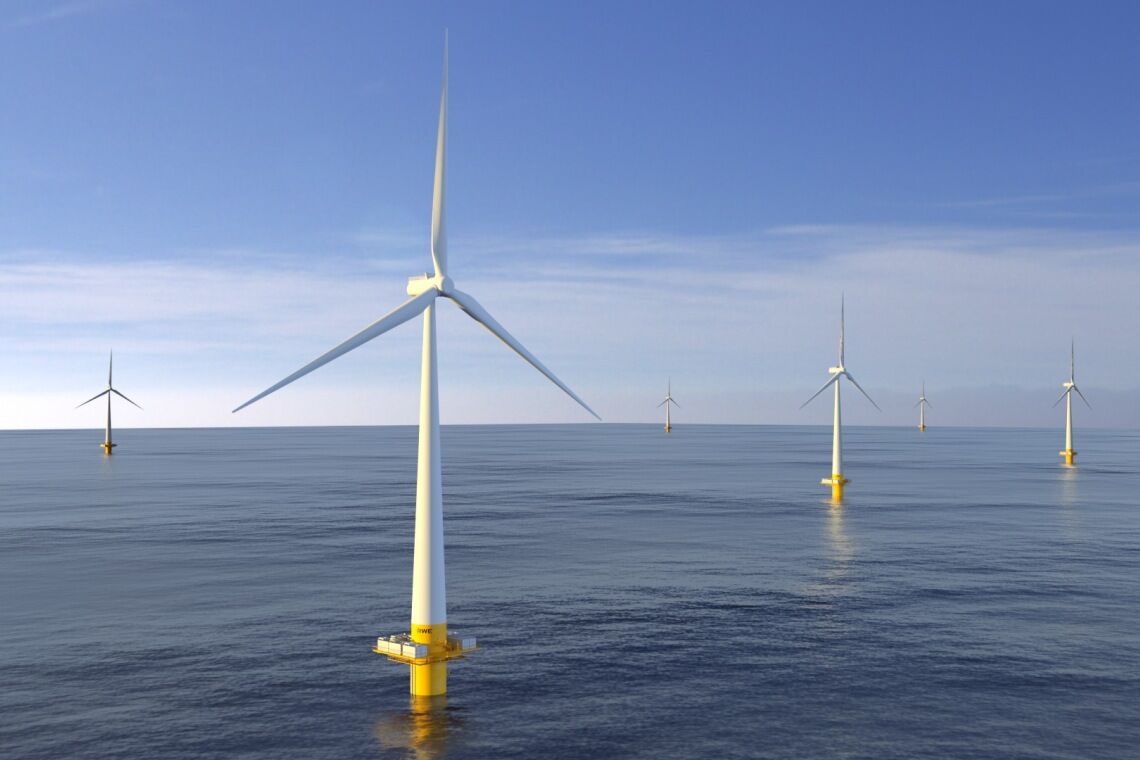 Geplanter Windpark zur Produktion von grünem Wasserstoff auf See: Die Visualisierung zeigt, wie die Elektrolyseure auf Plattformen an den Windrädern angebracht werden.