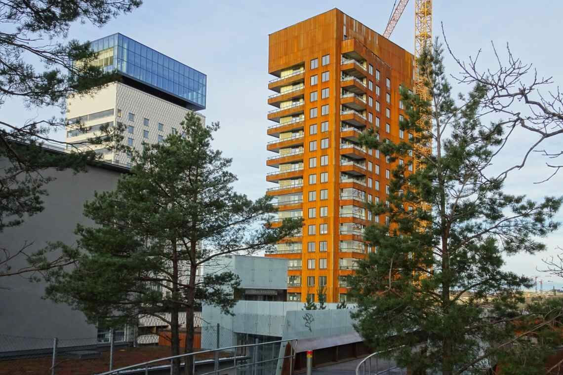 Hochhaus aus Holz in Norwegen: Das 18-stöckige Gebäude kommt mit wenig Beton aus und hat daher eine sehr gute Klimabilanz.