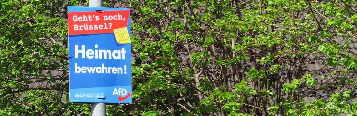 "Heimat bewahren", steht auf einem Wahlplakat der AfD: Die Partei spielt gezielt Klimaschutz und Naturschutz gegeneinander aus.