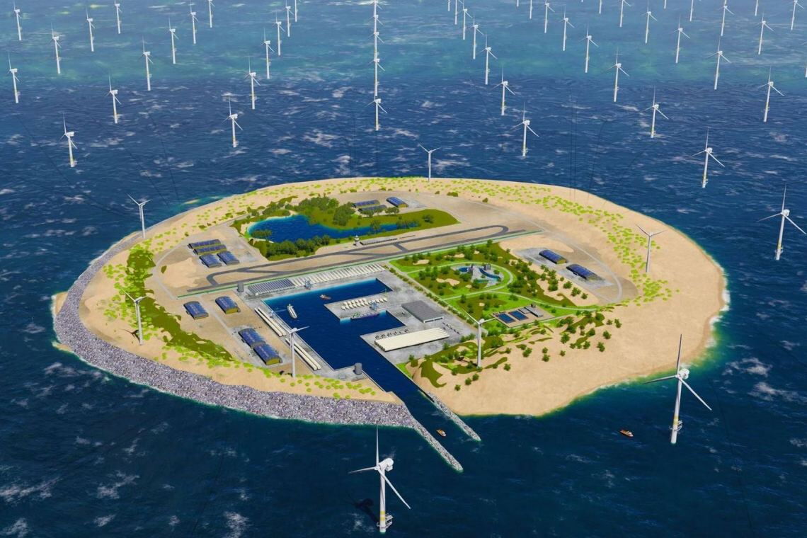 Künstliche Insel: Wie in dieser Visualisierung von Tennet könnte das Eiland aussehen, das der niederländische Stromnetzbetreiber auf der Doggerbank in der Nordsee plant. In der Region ist das Wasser stellenweise nur wenige Meter tief.