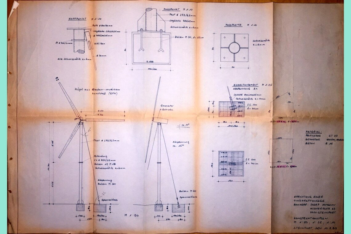 Die technische Zeichnung des Windrads von Borghorst: Josef Homann hat in feinen Linien festgehalten, wie die Anlage funktioniert.