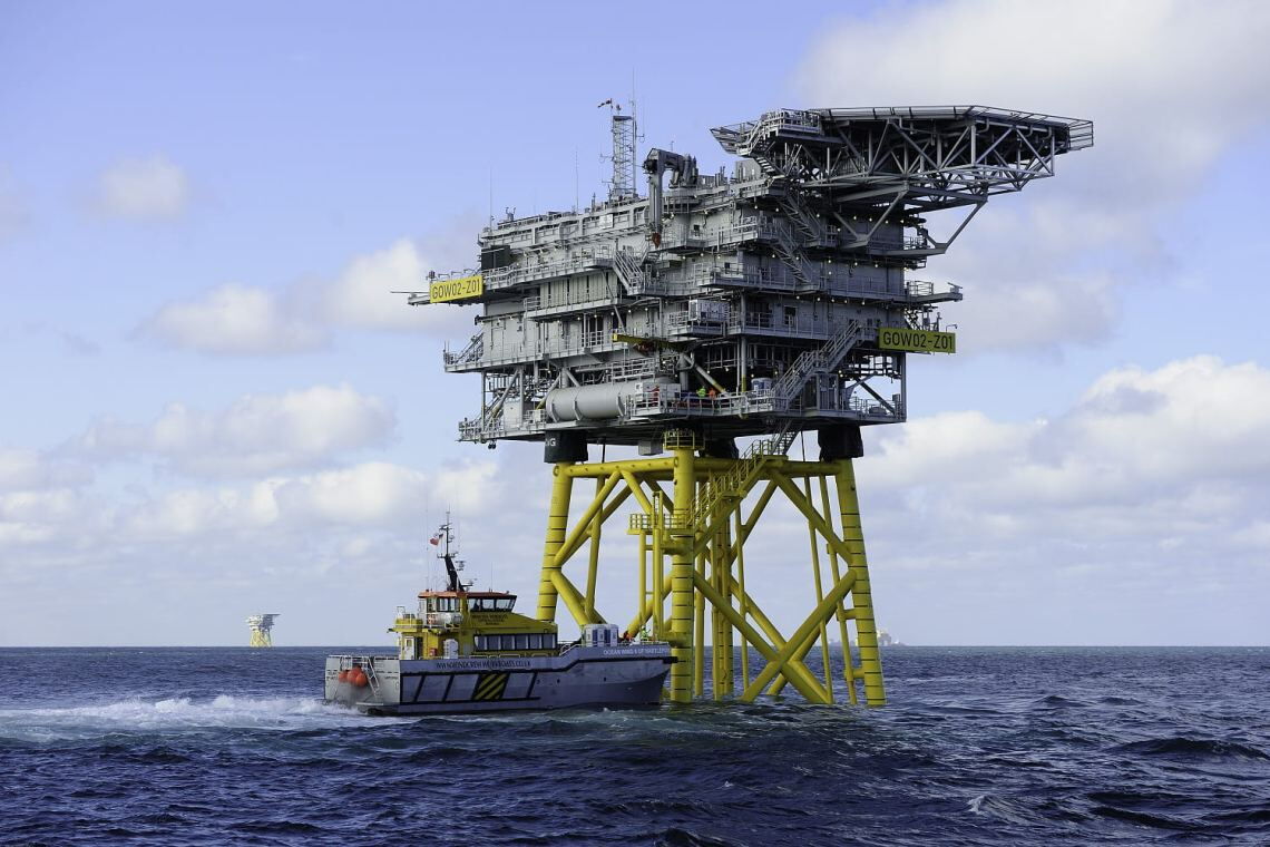 Umspannstation im Offshore-Windpark Gode Wind in der Nordsee: Die Anlagen sammeln den Strom der Windräder und leiten ihn zur Konvertersation weiter.