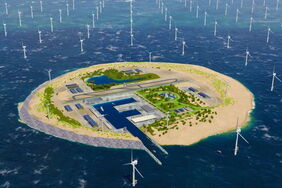 Künstliche Insel: Wie in dieser Visualisierung von Tennet könnte das Eiland aussehen, das der niederländische Stromnetzbetreiber auf der Doggerbank in der Nordsee plant. In der Region ist das Wasser stellenweise nur wenige Meter tief.